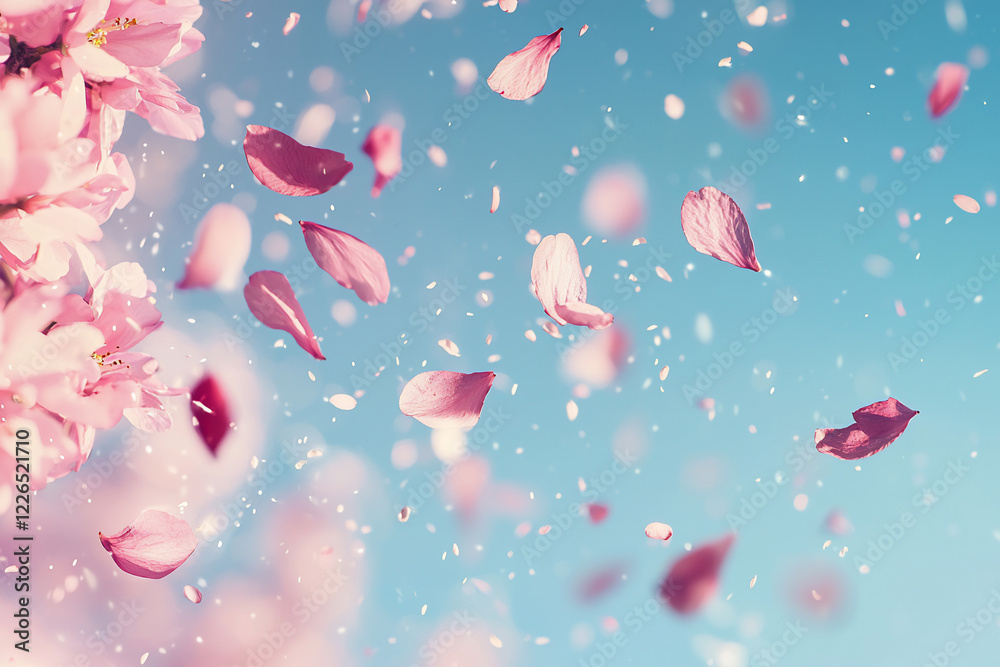 Delicate pink flower petals gently falling against a serene blue sky, evoking a sense of tranquility Delicate pink flower petals gently falling against a serene blue sky, evoking a sense of tranquility