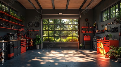 3D rendering of a home garage with organized gardening tools, sports equipment, and shelves, 8K high quality realistic images, photo