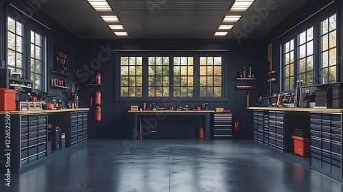 Spacious garage mockup showcasing a modern workbench, overhead lighting, and clean storage, 3D rendering, 8K high quality realistic images, photo