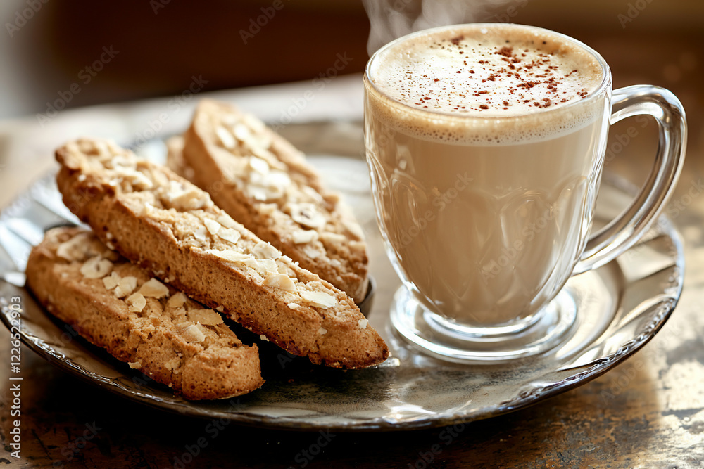 A cozy scene featuring a cup of steaming coffee beside a plate of almond biscotti, with warm lighting A cozy scene featuring a cup of steaming coffee beside a plate of almond biscotti, with warm lighting