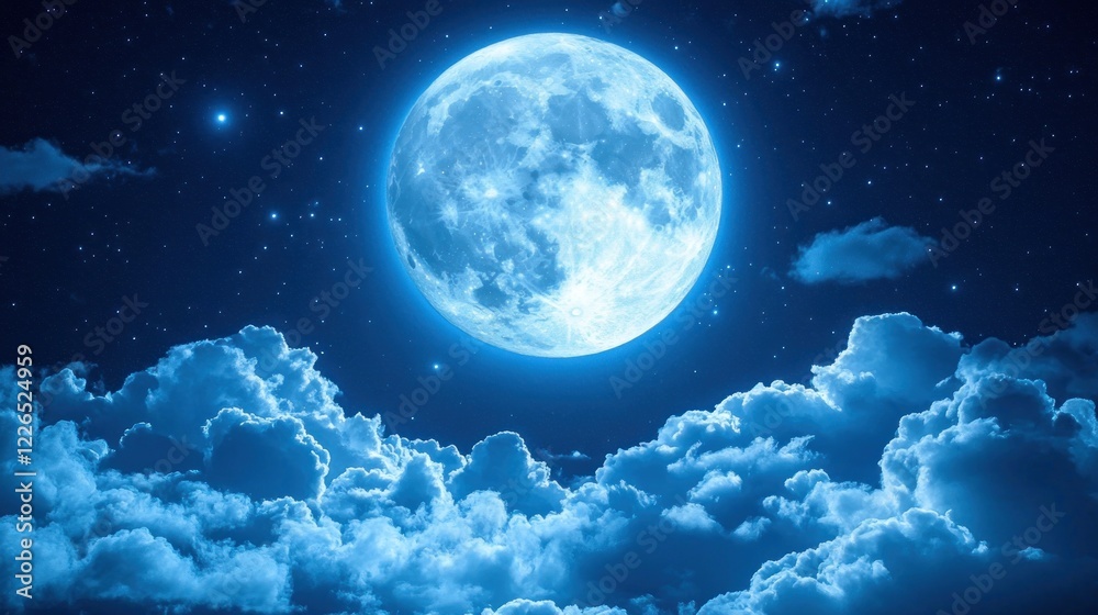 A serene blue moon shines brightly over soft clouds in a night sky. A serene blue moon shines brightly over soft clouds in a night sky.