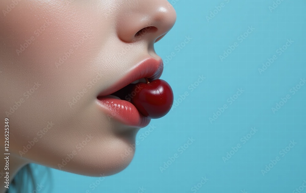 Close-up portrait of a woman with red lips, with berries near her lips, and glamorous makeup Close-up portrait of a woman with red lips, with berries near her lips, and glamorous makeup