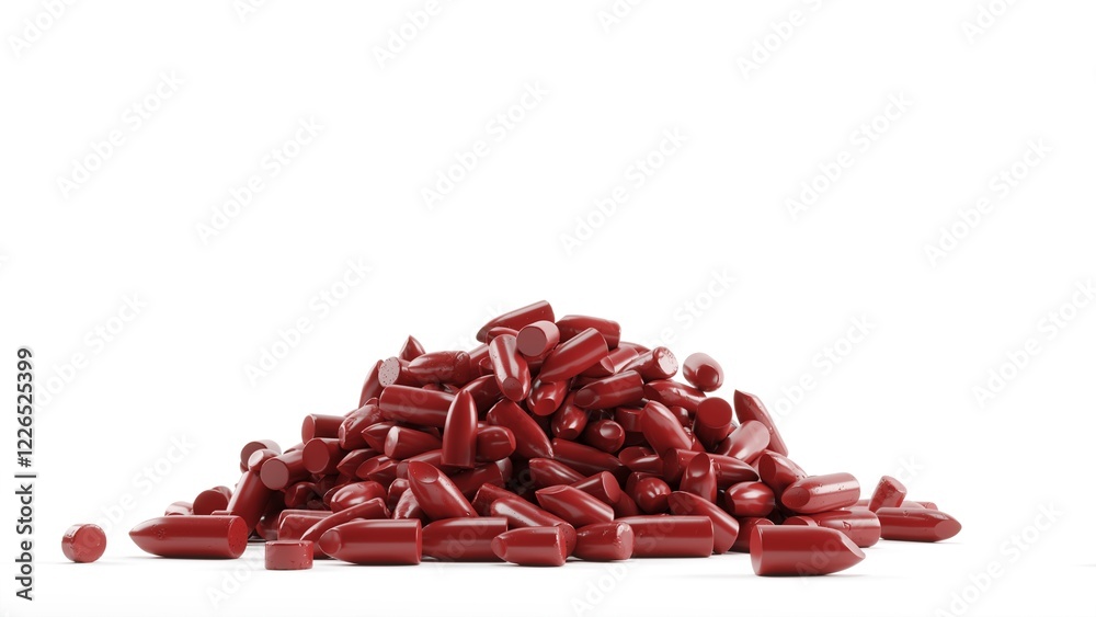 Close up Collection of red lipsticks bullet on a white color backdrop studio. 3D Realistic render. Close up Collection of red lipsticks bullet on a white color backdrop studio. 3D Realistic render.