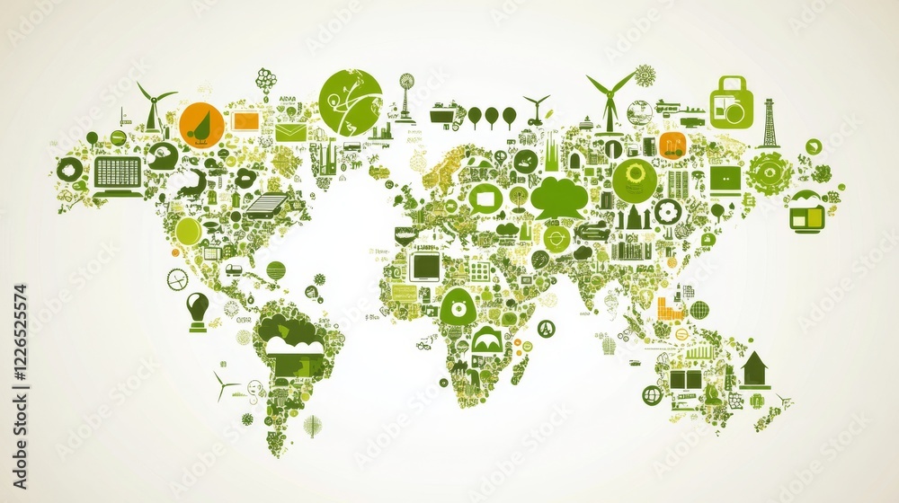 25.A concept of environmental sustainability and eco-friendly technology is represented with a vector design showcasing a world map surrounded by various green technology icons. These icons, 25.A concept of environmental sustainability and eco-friendly technology is represented with a vector design showcasing a world map surrounded by various green technology icons. These icons,