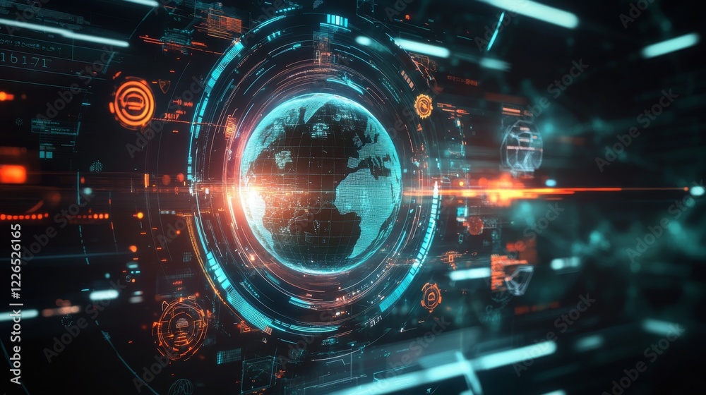Obraz premium 38.A corporate leader presenting a futuristic digital display featuring a rotating earth surrounded by bright icons representing various standards, including gears, documents, and interconnected