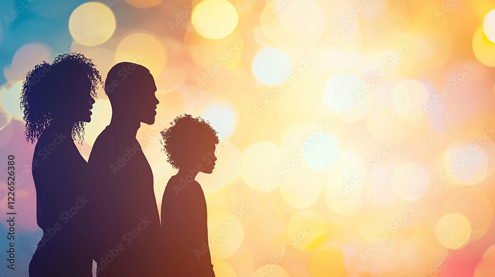 Silhouetted family of three against a vibrant bokeh background. Silhouetted family of three against a vibrant bokeh background.