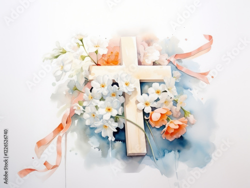 Watercolor painting of a Christian cross and flowers