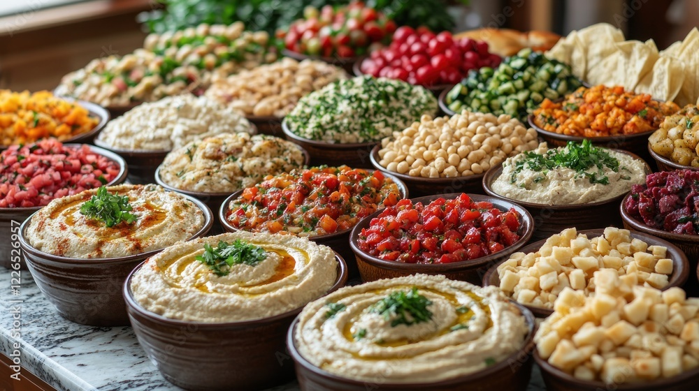 Mediterranean dip buffet, kitchen, party, food, catering Mediterranean dip buffet, kitchen, party, food, catering