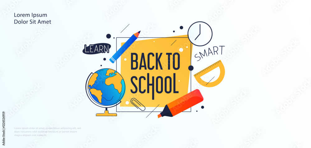 Obraz premium Back to school greeting design template with graduation cap elements and lineart and solid style stationery. educational background. time to go back to school