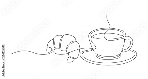 Continuous single line drawing of a cup hot coffee and croissant. Hot drink and snack vector illustration. Cafe logo. 
