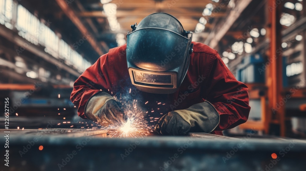 A close-up shot of a welder in a welding mask and gloves, with welding sparks and metal beams in the background, Industrial welding scene A close-up shot of a welder in a welding mask and gloves, with welding sparks and metal beams in the background, Industrial welding scene