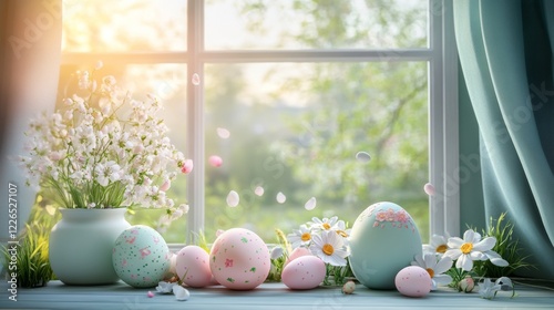 3D easter eggs and flowers in front of a window photo