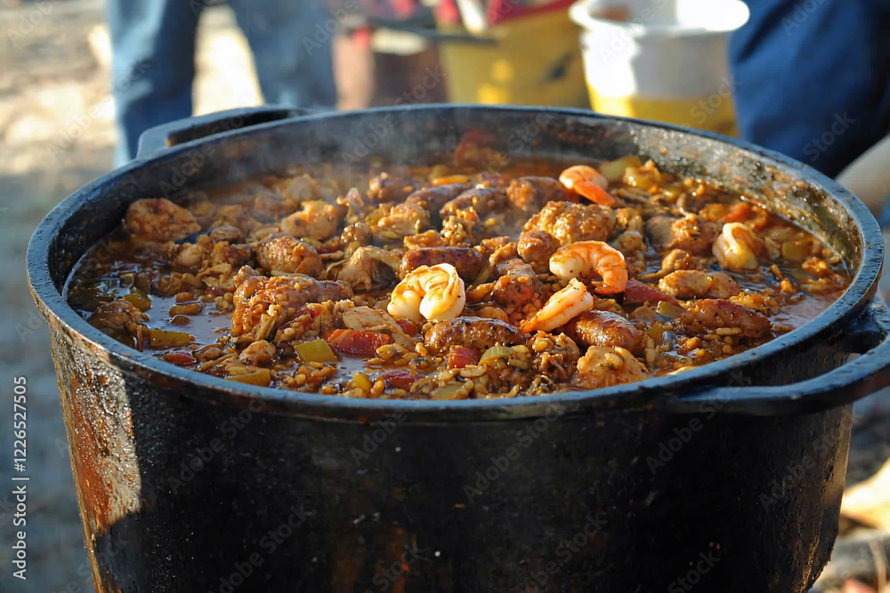 A vibrant pot of seafood stew simmering outdoors, surrounded by people enjoying a sunny day A vibrant pot of seafood stew simmering outdoors, surrounded by people enjoying a sunny day