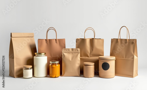 A collection of eco-friendly packaging materials, including paper bags, glass jars, and a plant, on a white background.