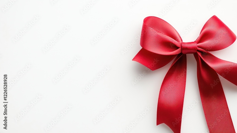 Red ribbon bow on white background, gift wrap detail, celebration concept, holiday card design Red ribbon bow on white background, gift wrap detail, celebration concept, holiday card design