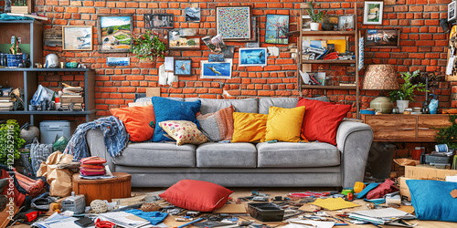 A cluttered living room with a gray sofa, colorful pillows, and a brick wall.