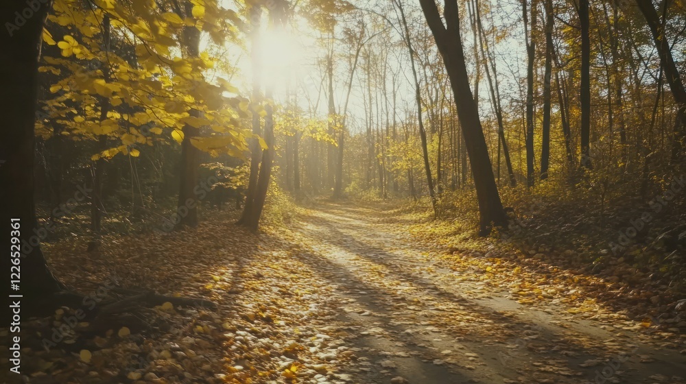 Obraz premium Golden Path: Sunlit Forest Trail in Autumn with Fallen Leaves and Silhouetted Trees