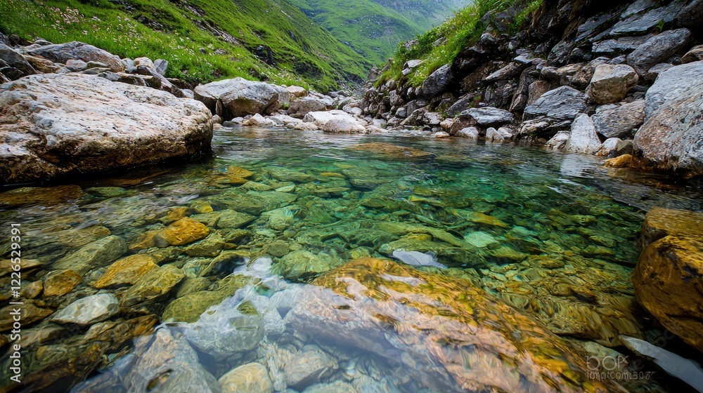 Crystal-clear mountain stream, rocky riverbed, green hills, scenic hike. Nature travel photography Crystal-clear mountain stream, rocky riverbed, green hills, scenic hike. Nature travel photography