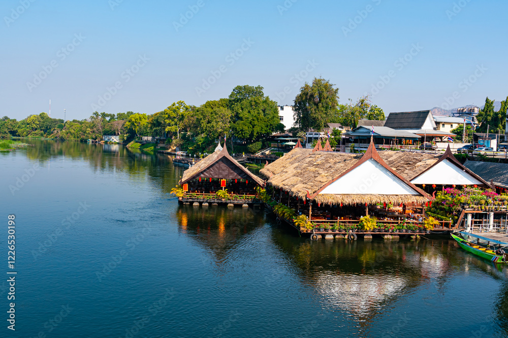 View of floating restaurant on the river kwai in Kanchanaburi province, Thailand in the morning in Chinese new year 2025. View of floating restaurant on the river kwai in Kanchanaburi province, Thailand in the morning in Chinese new year 2025.