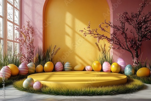Easter eggs podium, Easter day with geometry platform for product.