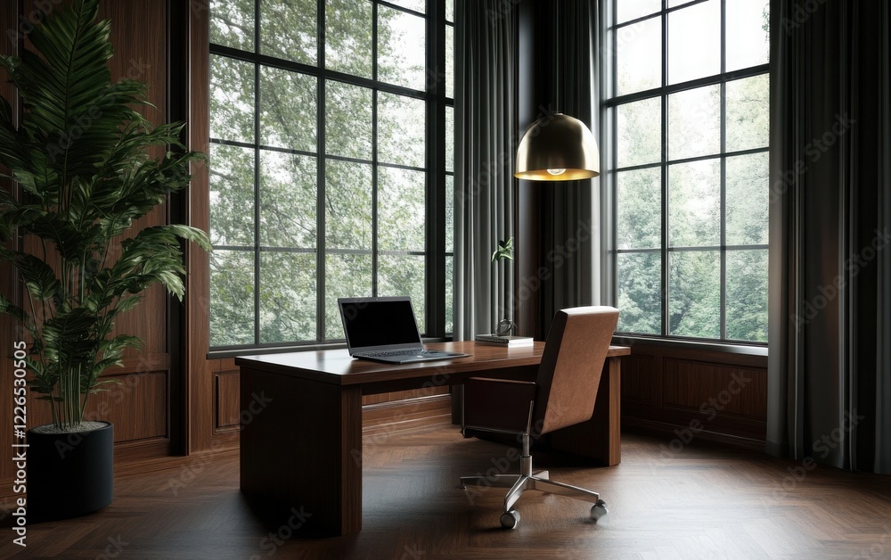 Refined executive workspace with a glossy wood desk, a luxury laptop, and a plush leather chair. Elegant wall paneling Refined executive workspace with a glossy wood desk, a luxury laptop, and a plush leather chair. Elegant wall paneling