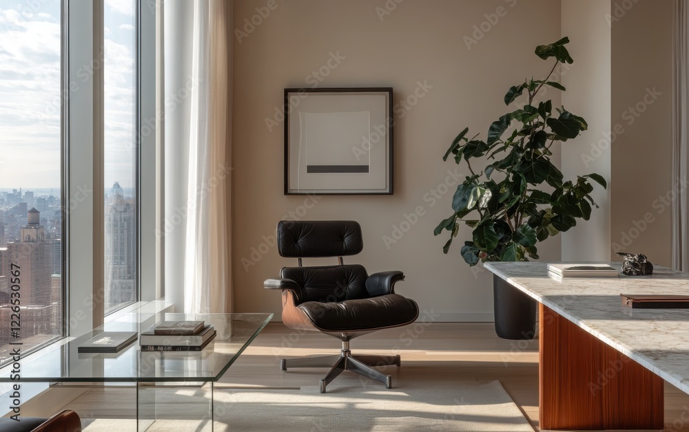 Fototapeta premium Sleek executive penthouse office with a marble desk, modern leather chair, and a glass coffee table. 