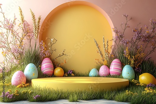 Easter eggs podium, Easter day with geometry platform for product.