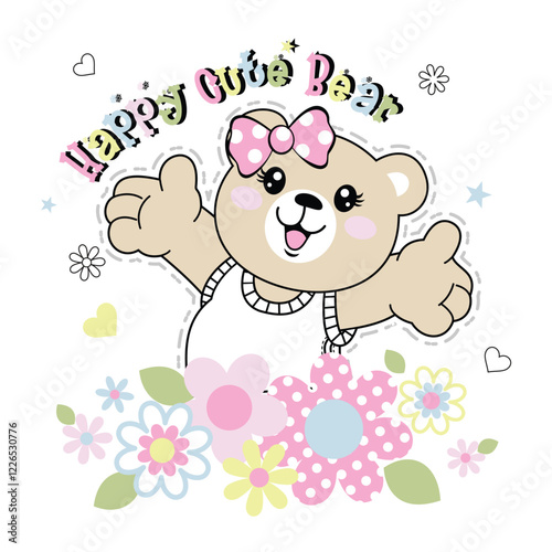 Cute bear vector surrounded by beautiful floral decoration and small insects, creating a peaceful nature scene

