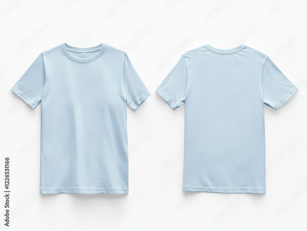 Front and back view mockup of light blue t-shirt studio setting apparel showcase minimalist style Front and back view mockup of light blue t-shirt studio setting apparel showcase minimalist style