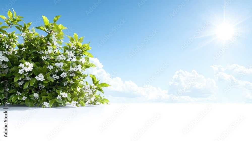 Spring blossoms under sunny sky; white flowers, green leaves, website banner Spring blossoms under sunny sky; white flowers, green leaves, website banner