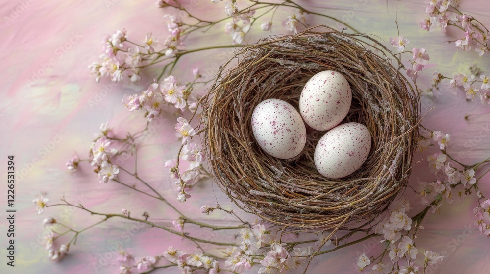 A bird's nest with white Easter eggs A bird's nest with white Easter eggs