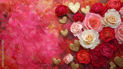 Valentine mockup card elements design. Rose Flowers Hearts Display with Painted Textured Background Red and Pink Colors.