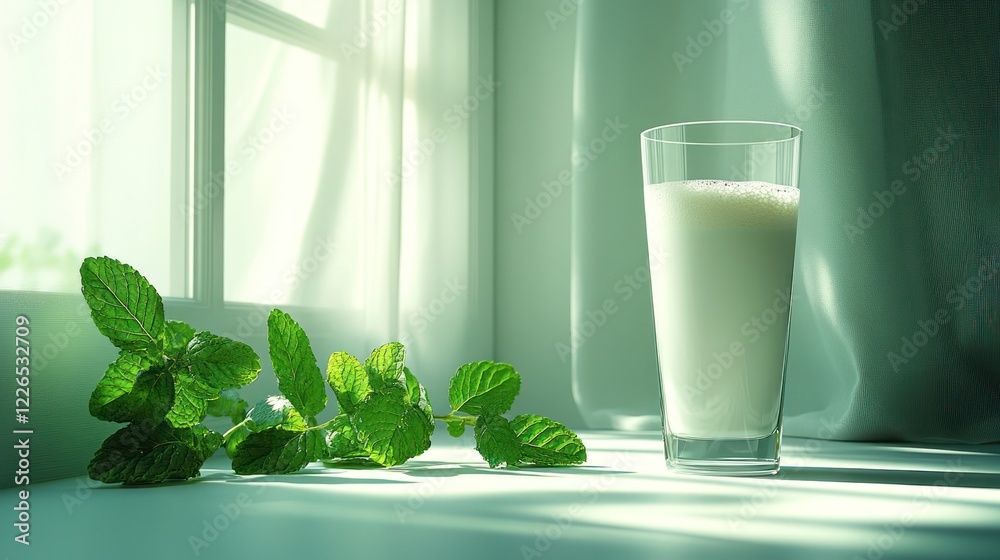Milk glass, mint, sunlit windowsill, freshness Milk glass, mint, sunlit windowsill, freshness