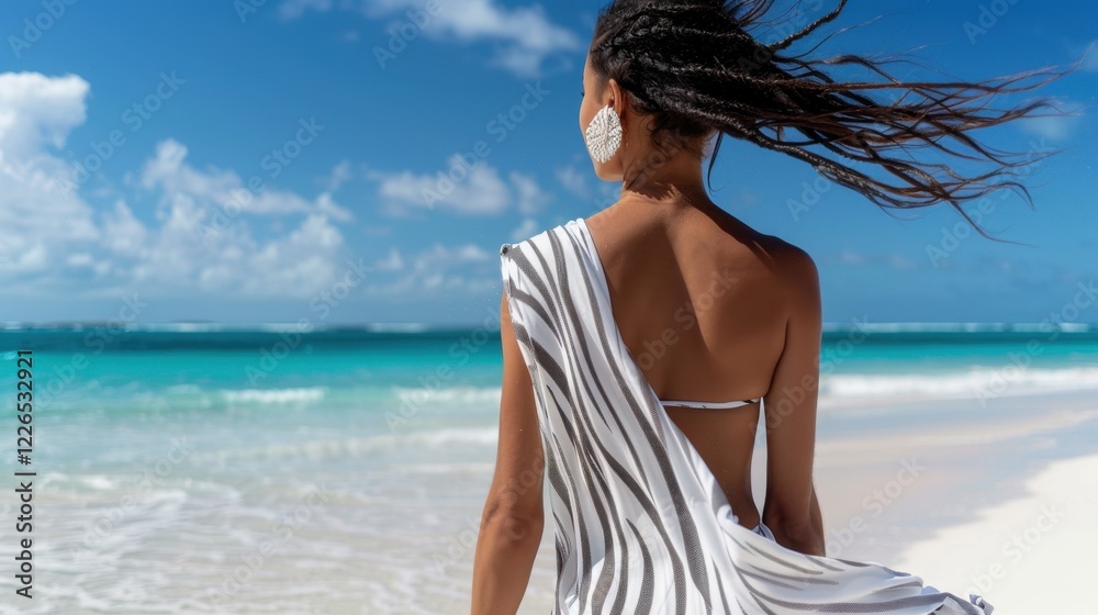 Young african female in striped dress enjoying tropical beach view