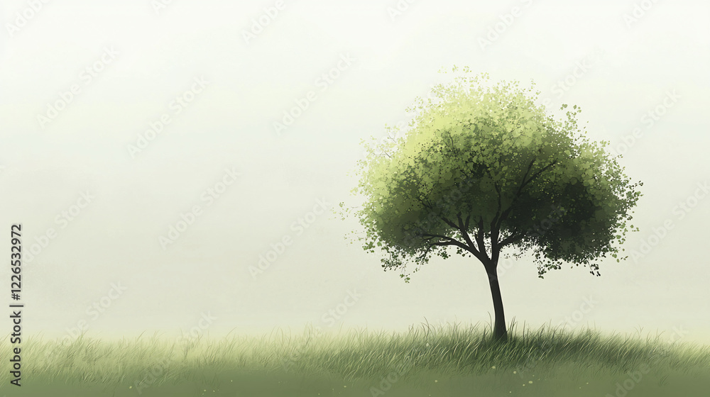 Obraz premium Serene landscape featuring a solitary tree in a grassy field under a soft misty sky