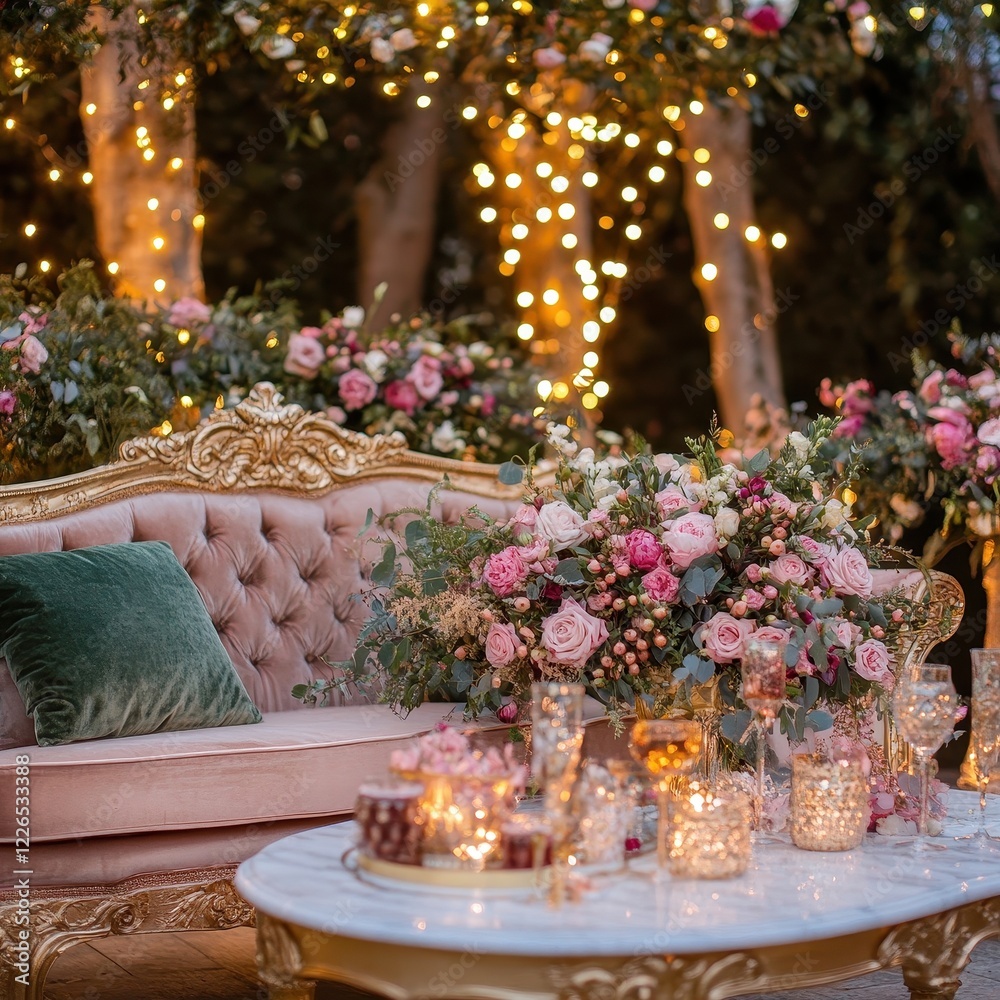 Fototapeta premium Romantic Outdoor Wedding Reception Decor with Pink Roses and Gold Accents