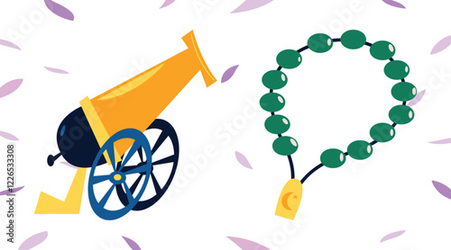 Set of Islamic culture items. Golden cannon and moon, traditional mosque building, Quran on wooden stage and musical instrument bedug drum. Vector illustration in 3d style