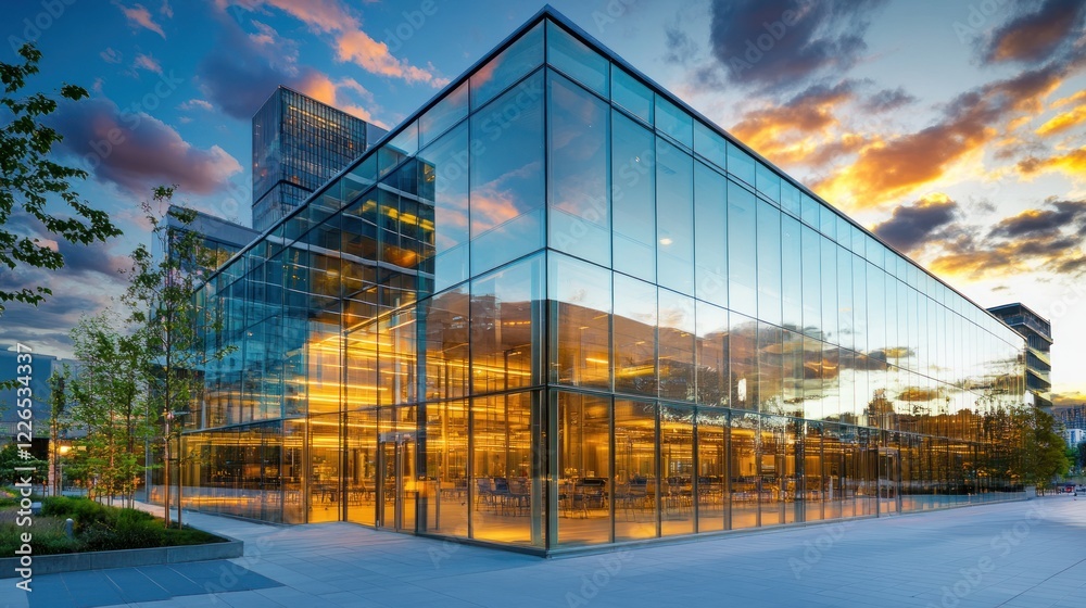 Fototapeta premium Contemporary glass building at dusk with colorful sky reflection architectural design