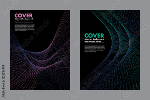 Abstract futuristic vector background with dynamic wavy lines. Minimalist modern design featuring smooth gradient color transitions on dark background. For cover, poster, digital artwork.