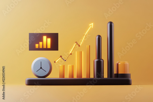 Modern data visualization with graphs, clock, and growth indicators