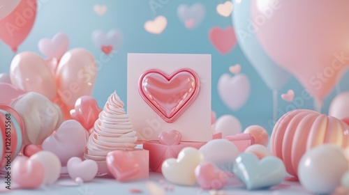 Valentine mockup card elements design. Valentine Heart Balloons and Treats Displayed Against a Light Blue Background for Celebrations.