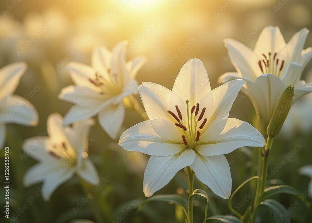 Fototapeta premium White Lilies in Bloom with Golden Sunlight and Soft Garden Background