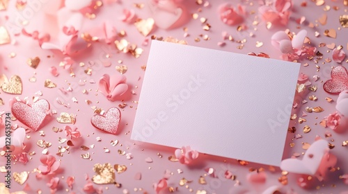 Valentine mockup card elements design. Valentine Theme Blank Card with Pink Hearts and Gold Confetti on a Light Pink Background.
