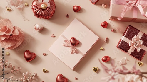 Valentine mockup card elements design. Valentines Day Gifts and Hearts Still Life Arrangement on a Light Peach Background Surface.