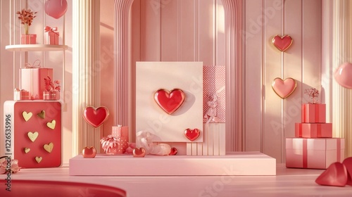 Valentine mockup card elements design. Valentines Day Pink Heart Scene Decoration With Gifts And Hearts For Love Celebration.