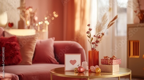 Valentine mockup card elements design. Valentines Day Scene With Cushions Flowers Gift Boxes And Heart Card Home Decoration Interior.