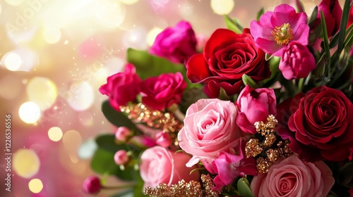 Valentine mockup card elements design. Vibrant Roses and Pink Peonies Blossoms Display on Bokeh Background with Golden Accents.