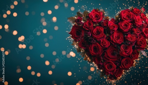 Romantic Red Roses Arranged in a Heart Shape with Sparkling Lights