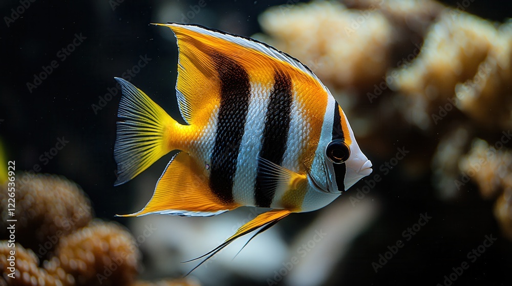 Naklejka premium Vibrant striped fish swims in dark water with coral reef background in close up view