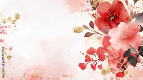 Valentine mockup card elements design. Watercolor Red and Light Pink Flowers With Golden Glitter Accent Delicate Floral Decoration.